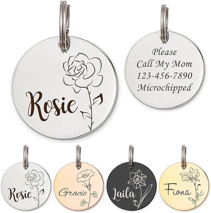 Anavia Floral Pet ID Tags, Birth Month Flowers Theme Dog Tag Round Bone Shape Cat Name Tag, Glossy Stainless Steel Gold Plated Dog Collar Tag (Round - Single Stem - Silver, Medium)