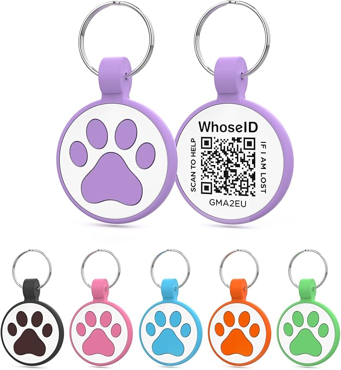 WhoseID QR Code Tag, Modifiable Online Profile Page, Multiple Emergency Contact, Silent Silicone, Lightweight, No Jinging, Collar Accessories, Personalized Cat Tag (Small Breeds - 1", Purple)