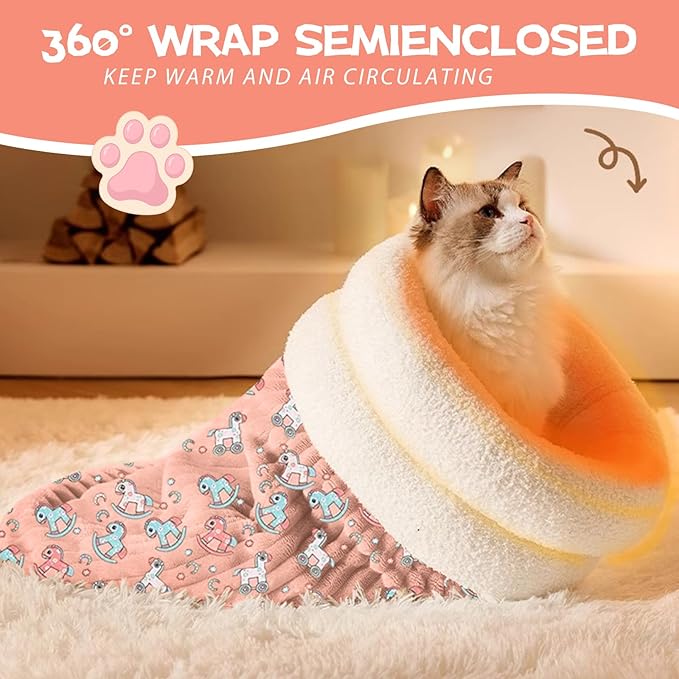 AMIITRY Cat Sleeping Bag, Self Warm Pet Bed Cave Bag for Indoor Cats, Cat Cave Bed 360° Wrap, 21.6 x 17.7X 12.9 Inches (Pink)