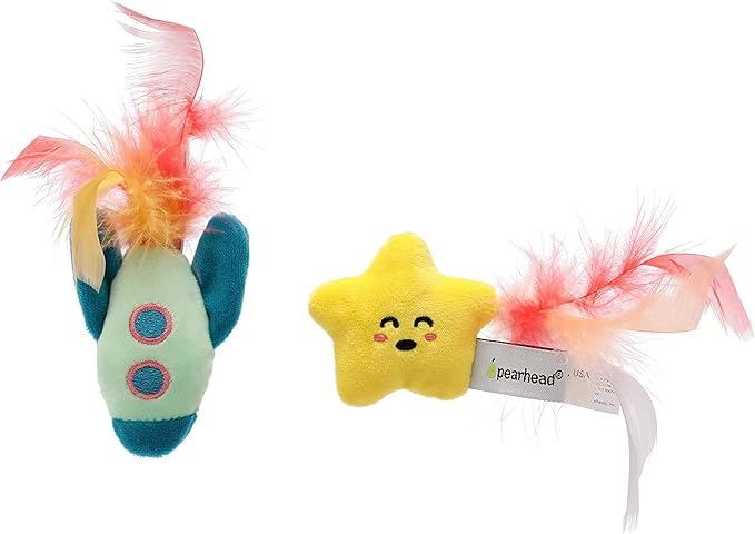 Pearhead Pawstronaut Cat Toy Set, Feather Teaser and Rattle Catnip Toy Set, Must Have Pet Accessories