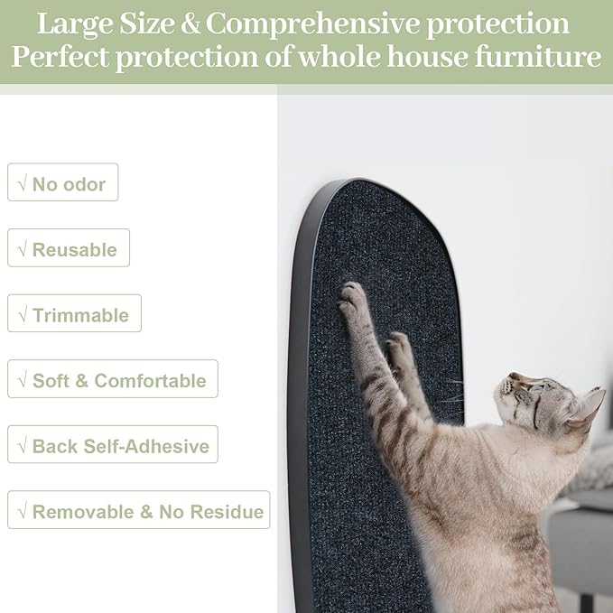 Cat Scratching Mat, Self-Adhesive Cat Scratch Furniture Protector, Trimmable DIY Cat Wall Climbing Carpet, Cat Couch Protector, Cat Scratching Pad Replacement (Dark Grey, 39.4"x15.8")