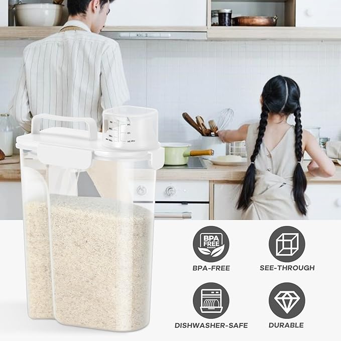 5-7 Lbs Dog Cat Food Storage Container, Portable Travel Pet Food Storage Container with Measuring Cup, Easy-Pouring Bird Seed Dispenser, Airtight Rice Cereal Oatmeal Flour Dispenser -White