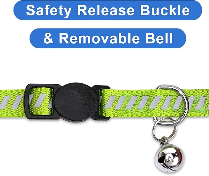 Pawtitas Personalized Green Reflective Cat Collar – Adjustable Custom Collar with Safety Buckle, Removable Bell, and Engraved Name & Phone Number for Kittens and Adult Cats