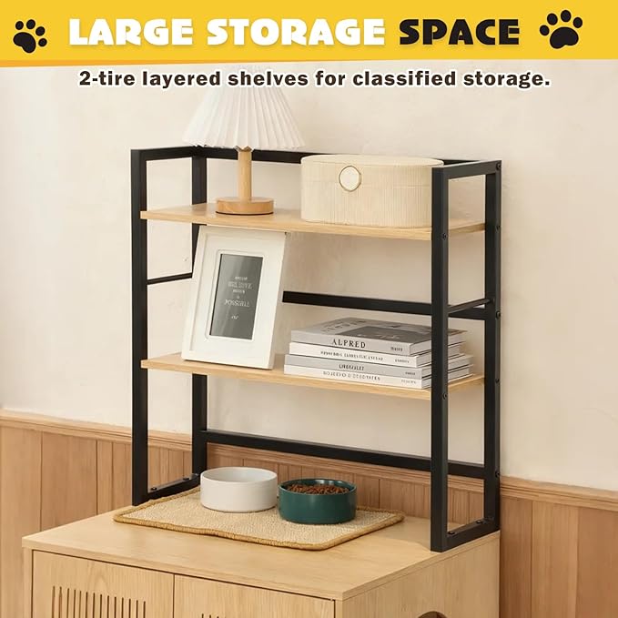 Cat Litter Box Enclosure with 2 Storage Shelves, 2-in-1 Large Hidden Wooden Pet House Furniture with Scratching Mat/Feeding Station/House Condo, Cat Cabinet with Barn Door for Entrance (Large)