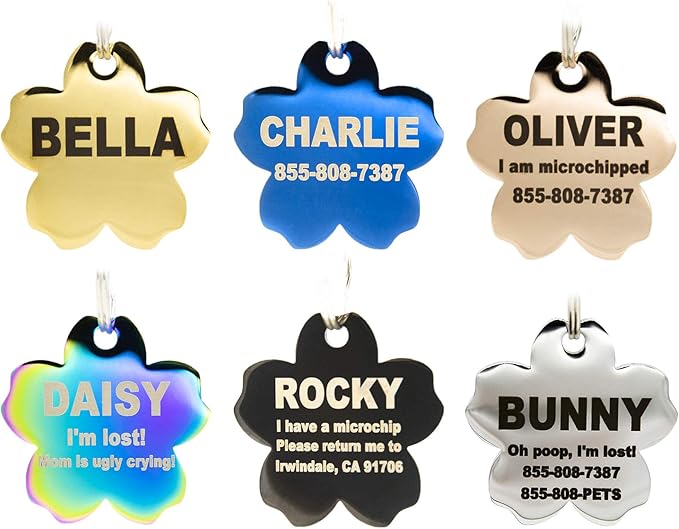 Engraved Dog Tags Personalized - Stainless Steel Engraved Dog Cat ID Tags Front & Back up to 8 Lines of Text Color Plating Gold, Rose Gold, Blue, Black, Nebula Flower Small