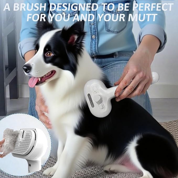 3-in-1 Self-Cleaning Steamy Pet Brush for Dogs & Cats, Fresh Fur Shower Brush That Removes Loose Hair, Reduces Shedding, Grooming Tool for Long & Short Hair, Wet or Dry Use (White)
