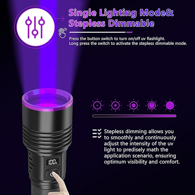 WINDFIRE 365nm UV Flashlight, Rechargeable Blacklight Flashlights with LCD Display, Powerful Black Light for Pet Urine Detection, Scorpions, Resin Curing, Blood Tracking, Uranium Glass, AC Leak