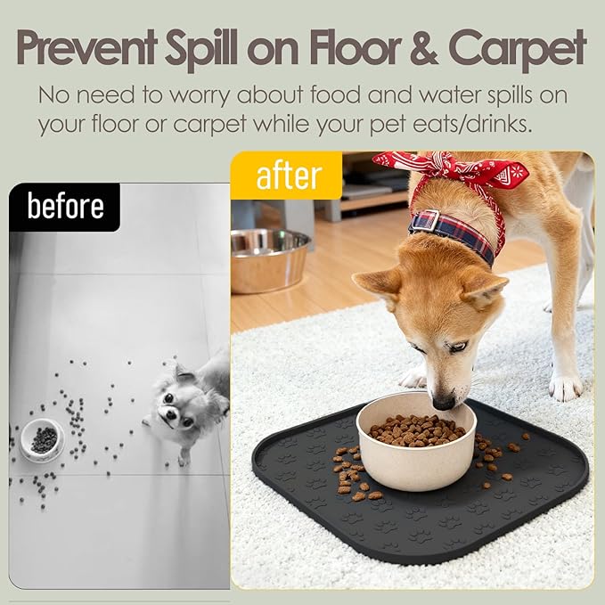 2 Pack Pet Feeding Mats, Waterproof Anti-Slip Placemats for Dog Cat Bowl Silicone Pet Food Mat, Raised Edge Prevent Spills on Floor & Carpet, Dishwasher Safe (2 Black, 11" x 11")