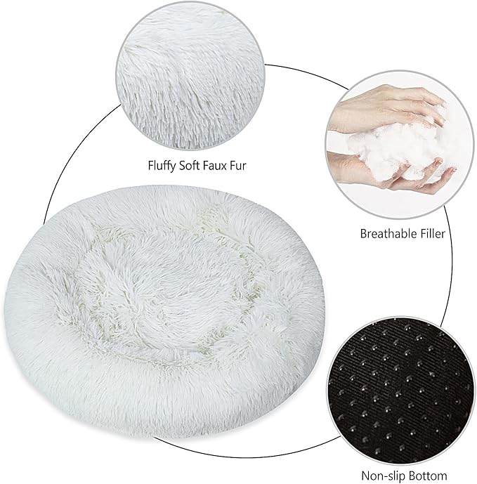 Calming Dog Bed for Small Dogs Cats, Kitty Puppy 23'' Round Anti-Anxiety Warm Fluffy Plush Faux Fur Bed, Soft Anti-Slip Donut Washable Small Pet Bed, Cozy Cat Puppy Bed, Fits up to 30 lbs Pets