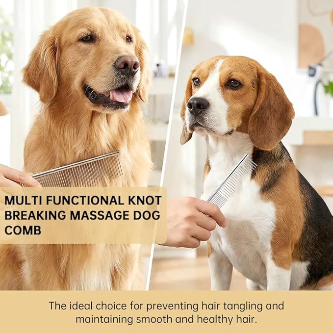 4Pcs Stainless Steel Dog Combs for Grooming Matting, Metal Dog Grooming Combs with Rounded Teeth, Pet Tear Stain Remover Finishing Comb Removing Tangles Knots