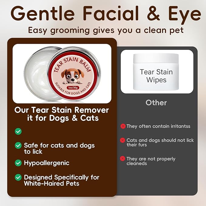 Pet Tear Stain Remover Balm with Brush, 3-in-1 Tear Stain Remover Kit, Gentle Facial, Eye Comb, Gentle Eye Care for Dogs Cats, Daily Facial Cleanser to Remove Stains, Safe Non-Irritating, 1 Oz