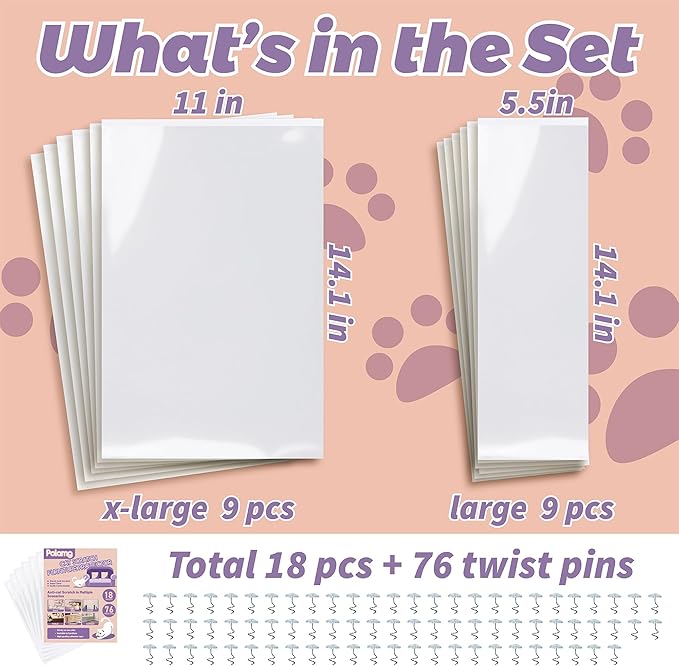 Anti-Cat Scratch Furniture Protector-18-Pack –Single-Sided, Heavy-Duty Self-Adhesive Tape, No-Residue for Couch, Doors & Walls - with 76 Twist Pins