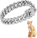 Amabro Diamond Cat Chain Collar, Metal Cuban Link Dog Collar with Secure Buckle Cat Pet Necklace Chain Pet Collar Jewelry Accessories for Small Medium Dogs Cats Puppy Kittens (Silver, 10 inch)