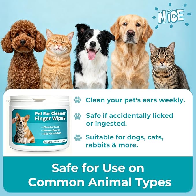 Pet Ear Cleaner Finger Wipes for Dogs, Cats, Gentle Alcohol-Free Formula, Removes Wax, Debris, 50 Count, Vet Approved, 4x8cm