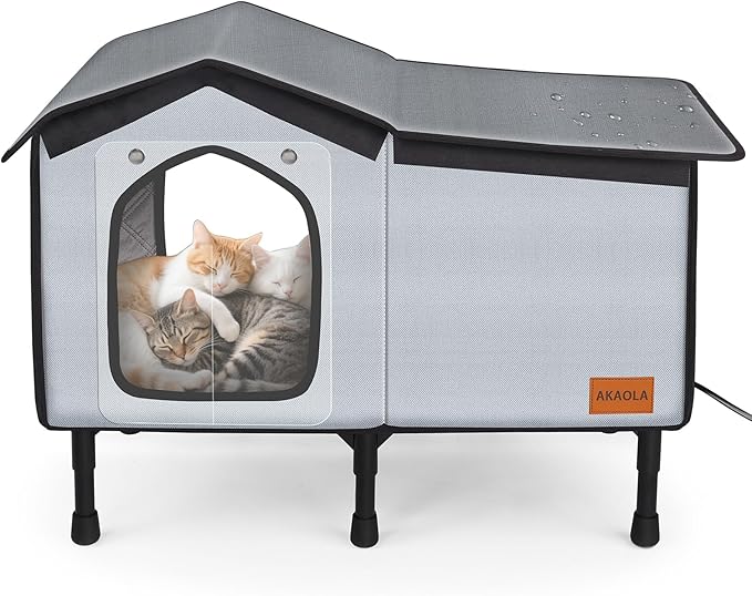 Outdoor Cat House Heated for Outside Winter 100% Waterproof Oxford Tarpaulin with Safe Escape Door and 5" Elevated Base with Heater for Feral Barn Cat Kitty (26“x20”x14“)