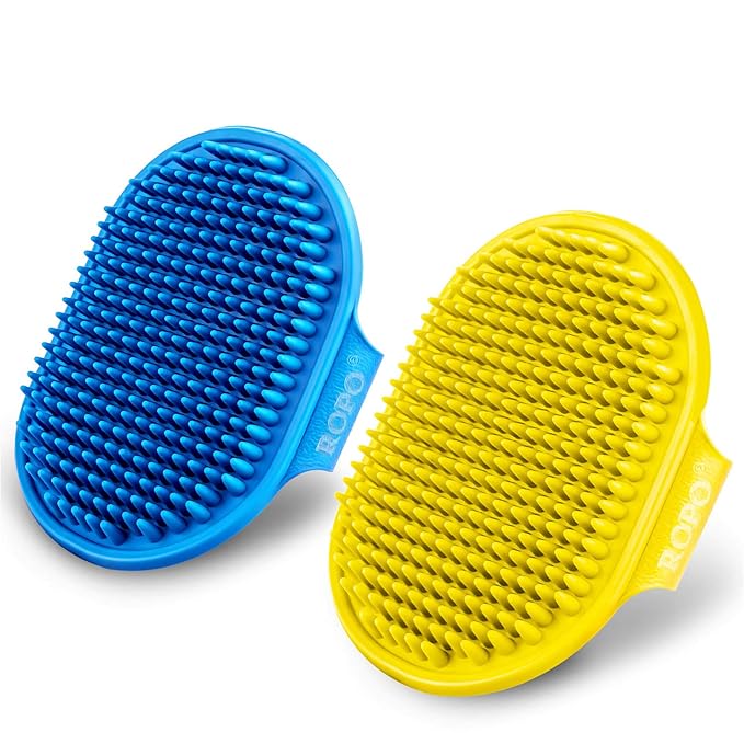 Dog Grooming Brush, CWXZSTM Pet Shampoo Bath Brush Soothing Massage Rubber Comb with Adjustable Ring Handle for Long Short Haired Dogs and Cats 2pcs
