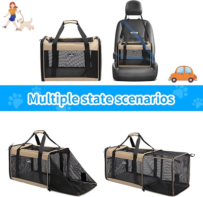 Expandable Pet Carrier for Dogs & Cats, Large Travel Bag with 5 Mesh Windows, 2 Entrances, Locking Zippers & Padded Straps,L