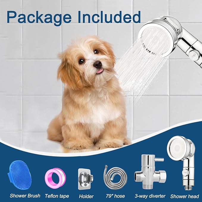 Pet Sprayer Pro Dog Shower Attachment for Bathroom Shower Arm, Indoor Dog Shower Sprayer Includes On/Off Handheld Shower Head, 79" Hose, 3-way Diverter, Dog Brush and Adhesive Holder