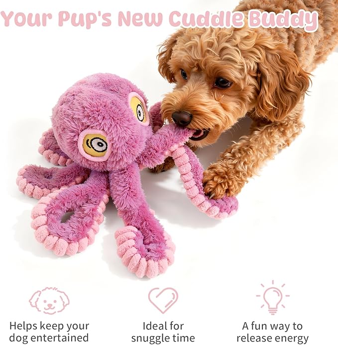 Squeaky Dog Toy for Puppy Teething, Plush Octopus Dog Toy, Puppy Chewing Toy, Soft Stuffed Chew Toys for Small Dogs Training and Keep Them Busy, Pink