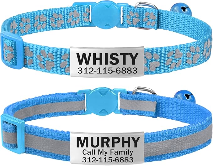 TagME 2 Pack Cat Collar with Name Tag, Personalized Reflective Cat Collar Breakaway with Bell for Boy & Girl Kitten, SkyBlue