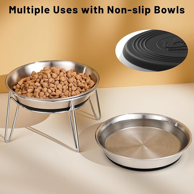 Cat Food Bowls, 2 Pcs Stainless Steel Cats Food and Water Whisker Fatigue Shallow Dishes, Small Dog Puppies Fat Faced Cat Kitten Supplies (2 Non-Slip Bowls with Stand)