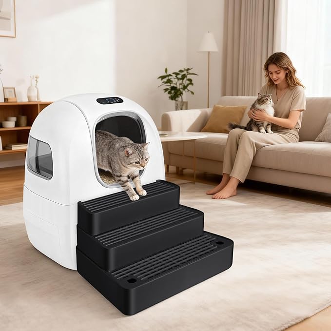 Extra Large 3 Steps Litter Box Ramp, Adjustable Cat Litter Box Step with Filter Function, Easy to Clean Cat Litter Stair Catcher for Elderly Cats and Kitten (Black)