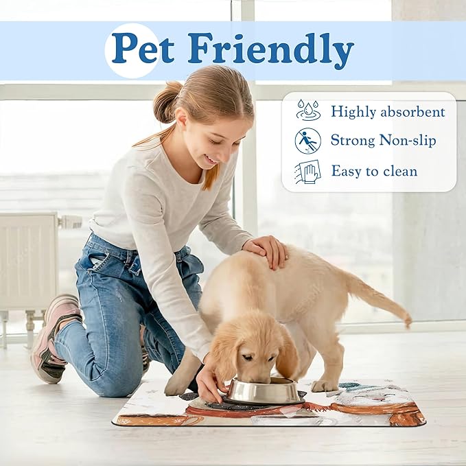 Chirstmas Dog Coffee Dog Cat Food Mat–Absorbent Waterproof Placemat for Food and Water Bowls, Non Slip Rubber Backing, Feeding Mat for Clean Floors 16"x24"