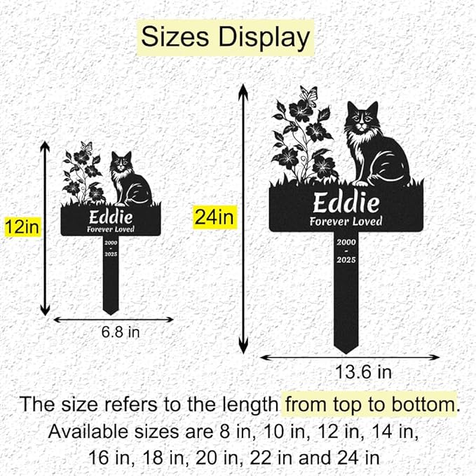 Custom Flowers Cat Memorial Grave Marker, Personalized Cat Memorial Stake Metal Pet Grave Marker for Cat, Customized Cat Memorial Memorial Plaque Cemetery Grave Plaque Yard Sign with Stake