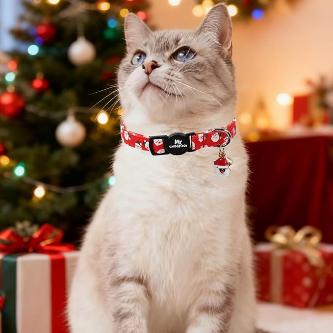 Christmas Cat Collar, 2 Pack Cute Breakaway Kitty Collar with Bell&Pendent, Soft Adjustable Christmas Pink and Red Santa Collar for Girl Boy Cats