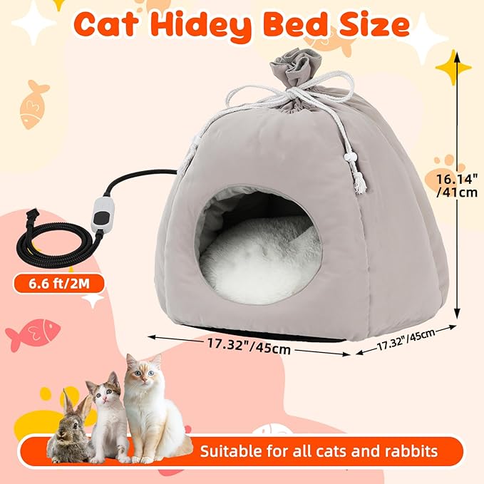FHTONGE 2 in 1 Heated Cat Bed Cave with Timer Temp Adjustment, Thermal Enclosed Kitten Bed Hideaway Machine Washable, Self-Warming Cozy Pet Nest Covered Beds for Indoor Kitten Old Cat Puppy Small Dog