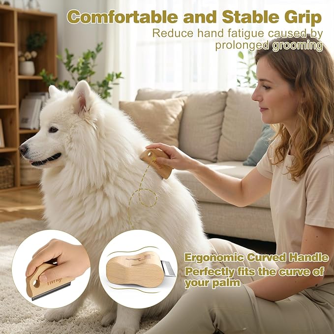 Dog Brush for Shedding, Deshedding Brush for Dogs, Pet Hair Removal Tool, Painless Wood Remover for Pet Hair, Cats, Horses Cleaning, Grooming, Short and Long Fur, Ergonomic Design, 4.3inch