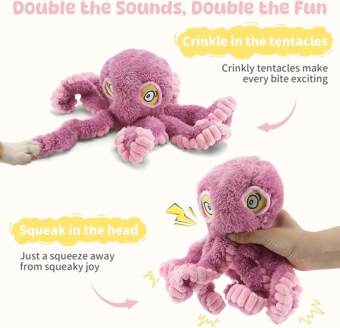 Squeaky Dog Toy for Puppy Teething, Plush Octopus Dog Toy, Puppy Chewing Toy, Soft Stuffed Chew Toys for Small Dogs Training and Keep Them Busy, Pink