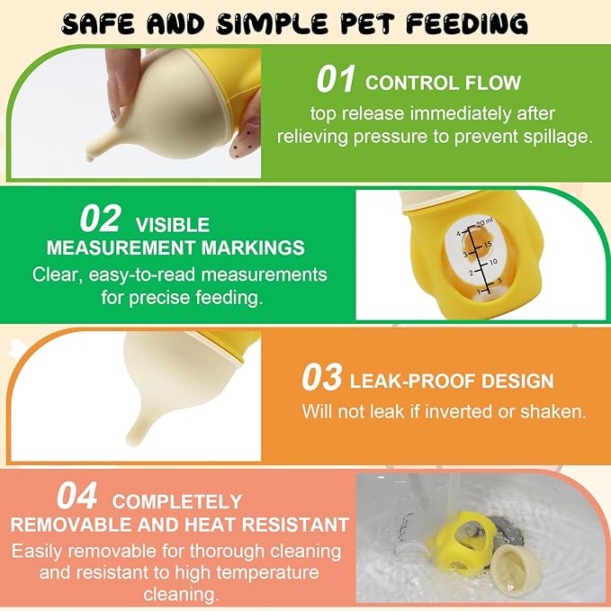 Pet Feeder Bottle Animal Feeding Bottles Kitten Bottles for Nursing Anti-Choking Design for Newborn Kittens Puppies Small Animals with 2 Pcs Replacement Nipple (Yellow, 20 ml)