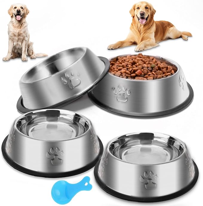Stainless Steel Dog Bowl, 4 Pack Metal Cat Bowls for Food and Water, Non-Slip Pet Feeding Dish Bowl with Rubber Base for Cats Puppy Small Medium Dogs