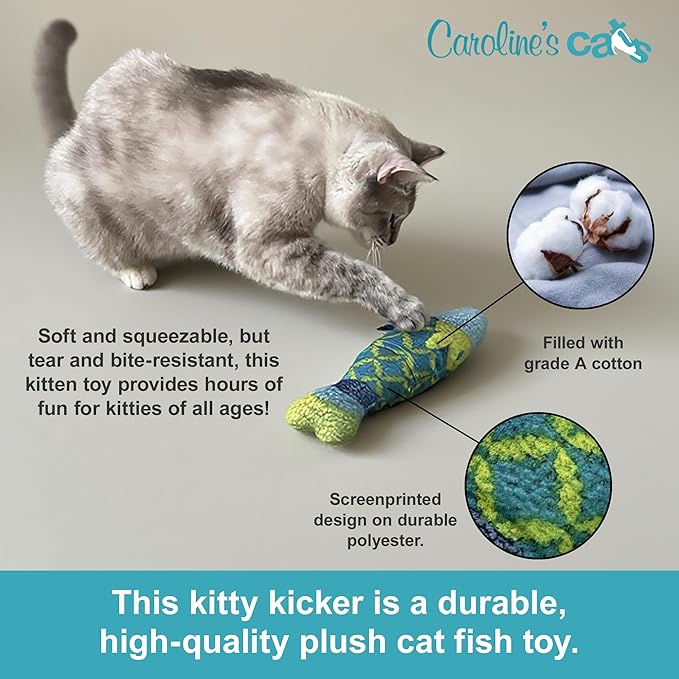 Caroline's Cats Refillable Catnip Pouch Cat Kicker Toys with Crinkle Sound Inside, Interactive Fish Toy for Cats, Plush Indoor Cat Nip Kitty Kick Sticks, Comfort Pillow for Kittens, 9.5 Inches