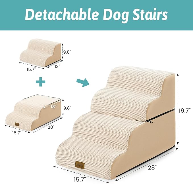 Detachable Dog Stairs for Small Dog, 4 Step Curved Dogs Step for Puppy or Older Cat, Ramp for Bed, Sofa, Couch or Chair, Ladder with High Density Foam, 15.7x28.3x19.7 inch, Beige