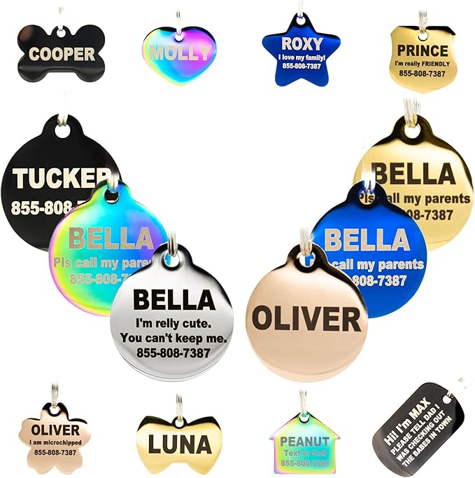Engraved Dog Tags Personalized - Stainless Steel Engraved Dog Cat ID Tags Front & Back up to 8 Lines of Text Color Plating Gold, Rose Gold, Blue, Black, Nebula Round Small