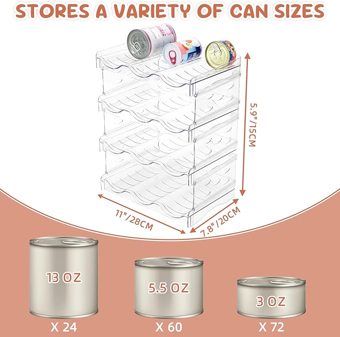 FHTONGE Heavy-Duty Cat Can Organizer for Multiple Sizes, Transparent Wet Cat Food Storage Rack for Pantry Kitchen Cabinet Rridge, 4-Tier Pet Canned Goods Dispenser Shelf Dog Tins Holder Container