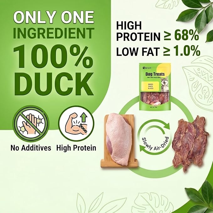 100% Dried Duck Slices Dog Treats - 120g Single Ingredient Jerky, High Protein (68%) Real Duck Meat Snacks, Hypoallergenic Training Rewards for Sensitive Stomachs, All Breeds