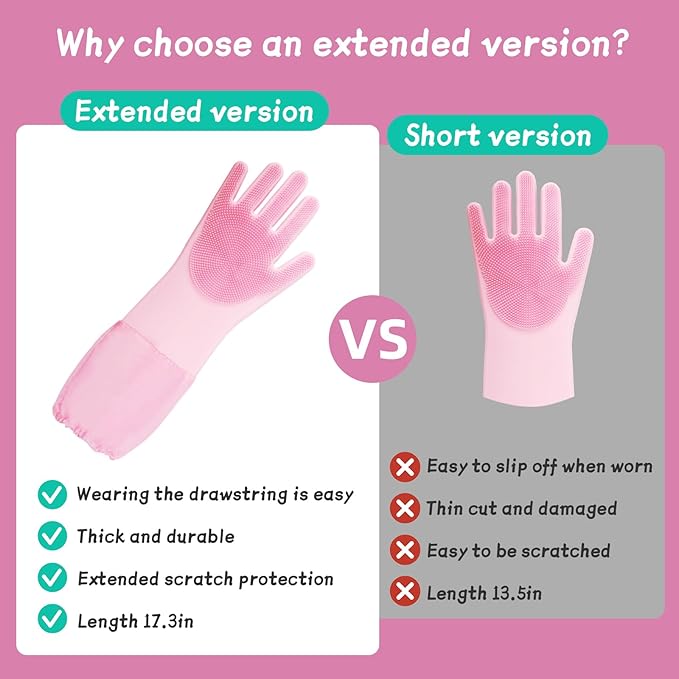 Silicone Pet Bathing Gloves with Finger Toothbrush – 2-in-1 Grooming & Deshedding Gloves for Cats, Dogs, Rabbits – Extended Design for Easy Cleaning & Massage(Pink)
