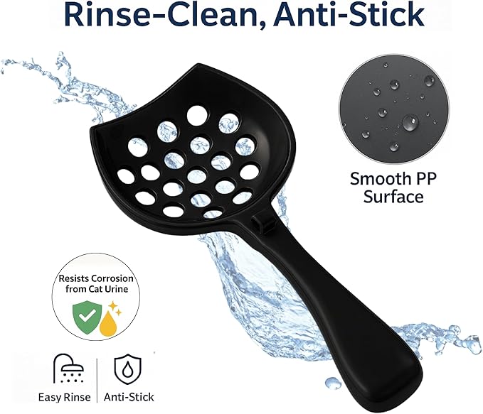 cat Litter Scooper with Holder: Easy-to-Clean cat Scooper for Litter Box; Ergonomic Handle Design for Pooper Scooper cat; Compatible with Clumping and Pellet Litter Scoop. (Black)