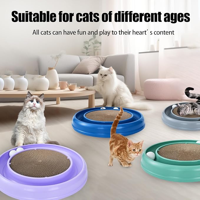 Cat Scratcher Toy Ball Track for Indoor Cats,Round Interactive Scratching Board Exercise Set for Bored Indoor Adult and Kitten Mental & Physical Stimulation (Blue)