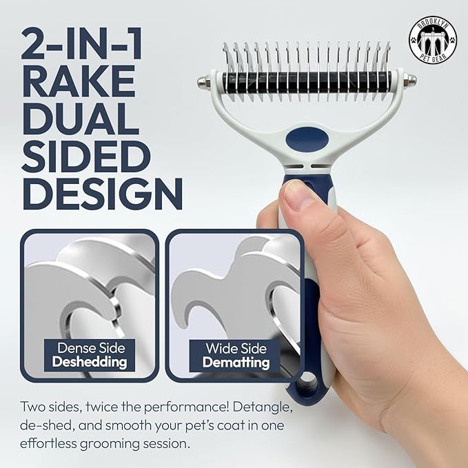 BPG Pet Grooming Tools for Dogs & Cats- 2 in 1 Dual Sided Undercoat Rake for Dogs Heavy-Duty Non Slip Grip Deshedding Comb Skin Safe with Ergonomic Handle to Reduce Shedding