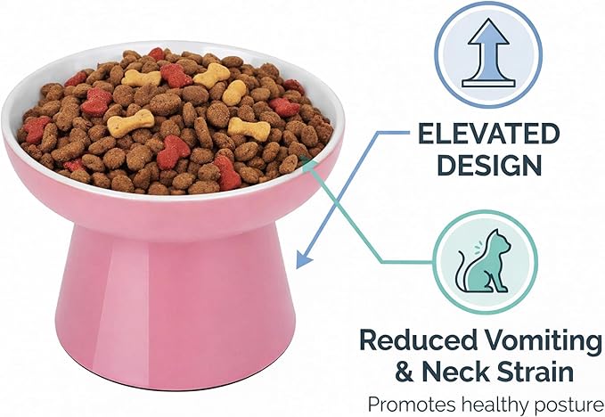 Ceramic Raised Cat Bowl, Elevated Cat Food Bowl with Non-Slip Base,Whisker Friendly Shallow Feeder for Dry & Wet Food, Dishwasher Safe, Anti Vomiting (Pink)