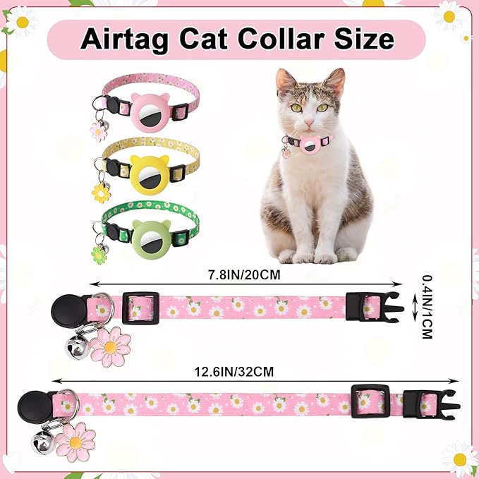 3 Pack Airtag Cat Collar Breakaway Floral Cat Collars with Air Tag Holder, Bells and Flower Charm Adjustable Safety Kitten Collars for Girl Boy Cats