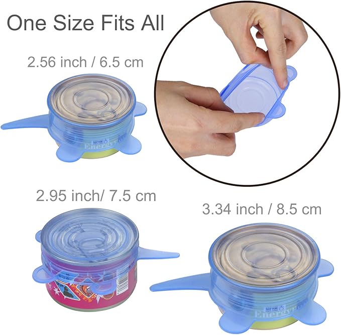 SLSON 6 Pack Pet Food Can Cover Stretchable 1 Fit 3 Universal Size Silicone Can Lids for Dog and Cat Food Can Blue