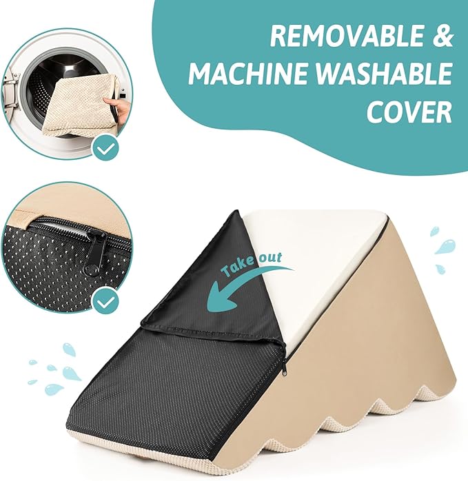 Dog Stairs for Small Dogs 15.7" H, 4-Step Sturdy Foam Dog Steps for Couch and Bed, Curved Pet Stairs for Puppy and Older Cat, Doggie Ladder with Washable Cover, 15.7x28.3x15.7 inch, Beige
