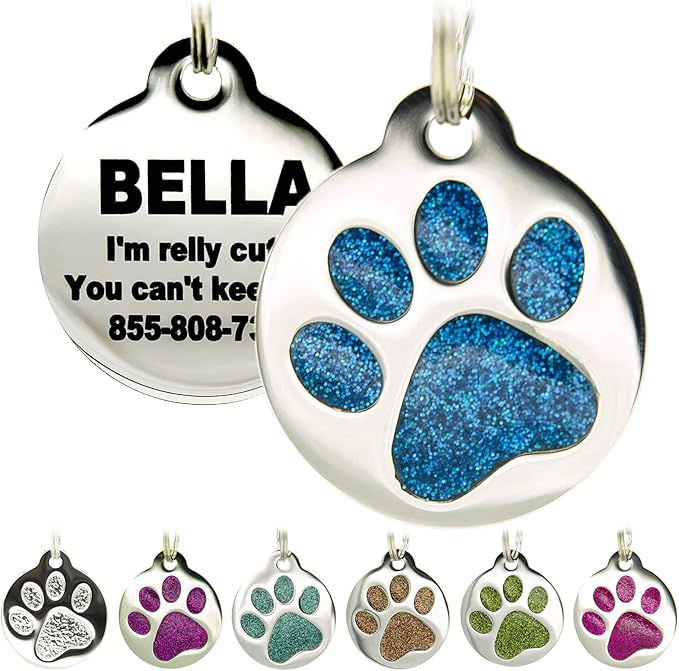 PetANTastic Engraved Cat Tags - Personalized with 4 Lines of Custom Engraved ID, Round Paw Print Stainless Steel Enameled in 6 Colors: Ocean Blue, Aquamarine, Deep Pink, Magenta, Pale Green, Amber