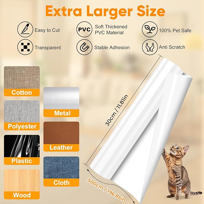 Cat Scratch Furniture Protector - 196.8"x11.8" Couch Protector from Claws - Deterrent for Furniture - Anti-Scratch Sofa Clear Protectors for Pet - Single Side Cat Tape for Door Wall