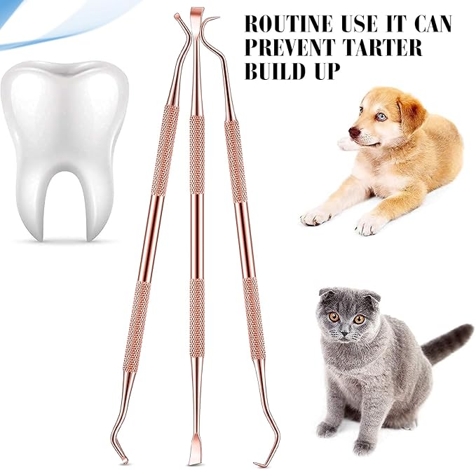 Hotop 3 Pieces Dog Dental Tooth Scaler and Scraper Stainless Double Headed Tarter Removing Tool Scraper Pet Teeth Cleaning Tools for Dog and Cat (Rose Gold)